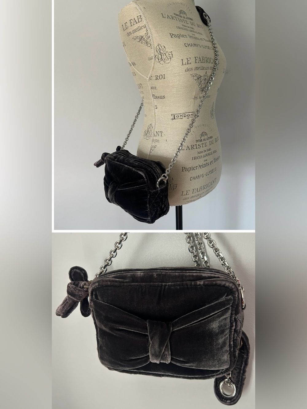 Juicy Couture Y2K Charcoal Velvet Bow Crossbody Shoulder Bag Silver Chain
